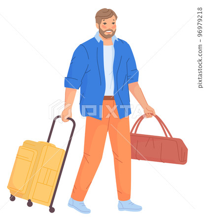 Man carrying travel bags. Tourist with suitcase. Happy guy on vacation Man carrying travel bags. Tourist with suitcase. Happy guy on vacation 96979218