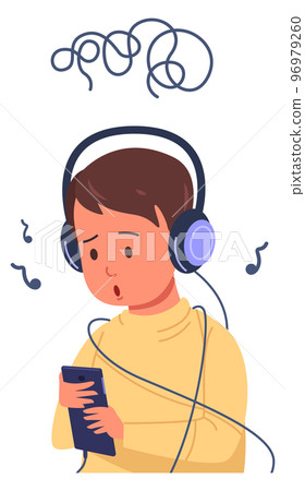Depressed kid listen music. Boy chaotic mind. Gadget addiction 96979260