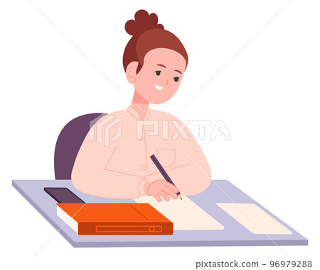 Kid doing homework. School girl studying and writing Kid doing homework. School girl studying and writing 96979288