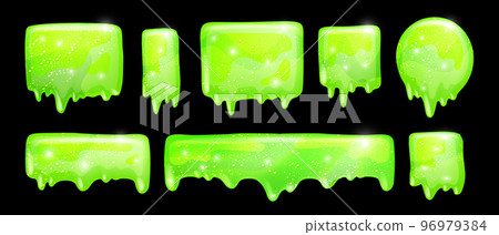 Slime vector frame set, 3D jelly liquid toxic cartoon dripping mucus kit, green Halloween splat. Slime vector frame set, 3D jelly liquid toxic cartoon dripping mucus kit, green Halloween splat. 96979384