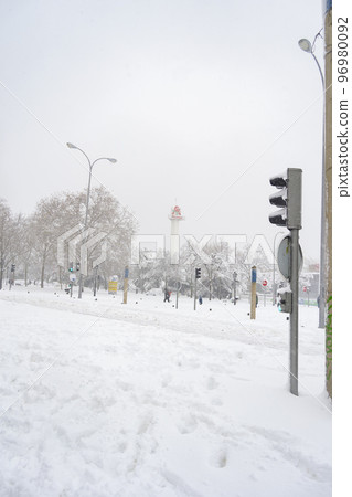 Snow. Winter. Streets covered in a white blanket of snow that covers all the elements that are on the street. Cold concept. Winter concept. Winter 2022. Photography. Snow. Winter. Streets covered in a white blanket of snow that covers all the elements that are on the street. Cold concept. Winter concept. Winter 2022. Photography. 96980092