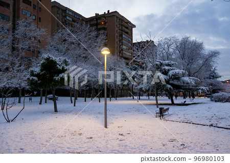 Snow. Winter. Streets covered in a white blanket of snow that covers all the elements that are on the street. Cold concept. Winter concept. Winter 2022. Photography. Snow. Winter. Streets covered in a white blanket of snow that covers all the elements that are on the street. Cold concept. Winter concept. Winter 2022. Photography. 96980103