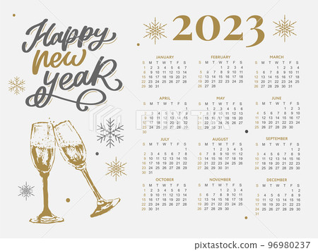 2023 Calendar year vector illustration. The week starts on Sunday. Christmas snowflakes calendar 2023 template. Calendar design Sunday in red colors. Vector 96980237