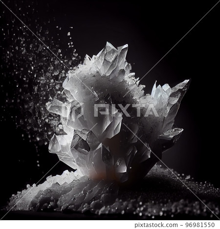 Shiny grey Crystal salt gem isolated on black background. Natural precious mineral stone artistic illustration. Decorative white Crystal salt gemstone poster. 96981550