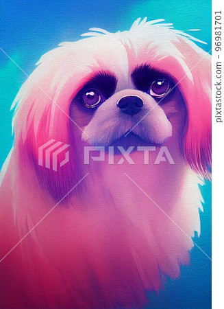 Funny adorable portrait headshot of cute doggy. Pekingese dog breed puppy, standing facing front. Looking curious towards camera. Watercolor art illustration. Vertical artistic poster. Funny adorable portrait headshot of cute doggy. Pekingese dog breed puppy, standing facing front. Looking curious towards camera. Watercolor art illustration. Vertical artistic poster. 96981701