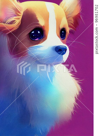 Funny adorable portrait headshot of cute doggy. Papillon dog breed puppy, standing facing front. Looking curious towards camera. Watercolor art illustration. Vertical artistic poster. Funny adorable portrait headshot of cute doggy. Papillon dog breed puppy, standing facing front. Looking curious towards camera. Watercolor art illustration. Vertical artistic poster. 96981702