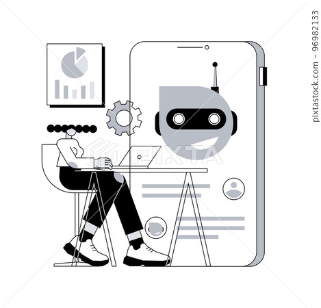 Chatbot development platform abstract concept vector illustration. Chatbot platform, virtual assistant development, cross-platform bot, wireframe, mobile application programming abstract metaphor. 96982133
