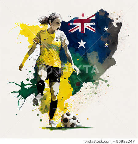 Australian woman soccer poster. Abstract Australia football background. Australian national football player. Australia soccer team 96982247