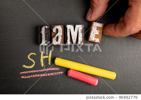Fame and Shame. Text from wooden letters on a chalk board Fame and Shame. Text from wooden letters on a chalk board 96982776