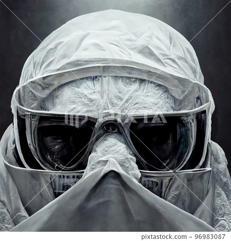 Human head in protective gear against viruses and radiation. White helmet modern protection, breathing safety close up 96983087