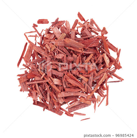 Red Sandalwood incense chips, isolated on white background. Sanderswood, rubywood or red saunders. Top view. 96985424