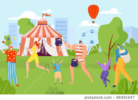 Carnival circus in park, vector illustration, amusement fair with tent, flat people charcater at outdoor entertainment show for children. Carnival circus in park, vector illustration, amusement fair with tent, flat people charcater at outdoor entertainment show for children. 96985847