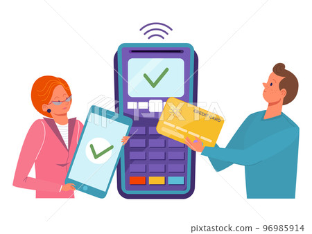 Nfc payment, money transaction, vector illustration, flat man character pay by credit bank card, use digital terminal technology concept. Nfc payment, money transaction, vector illustration, flat man character pay by credit bank card, use digital terminal technology concept. 96985914