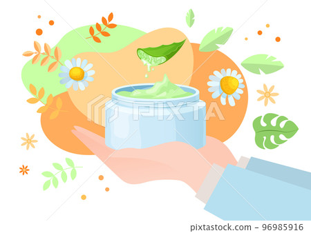 Organic green cream with natural aloe vera, vector illustration, beauty product for spa, herbal cosmetic with plant, chamomile, leaves. 96985916