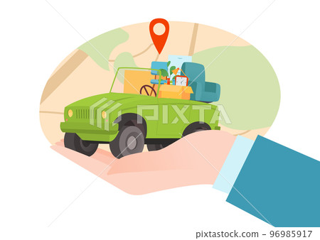 Transportation, moving service concept, vector illustration, vehicle car with boxes, interior furniture at huge hand, delivery business for moving home. Transportation, moving service concept, vector illustration, vehicle car with boxes, interior furniture at huge hand, delivery business for moving home. 96985917