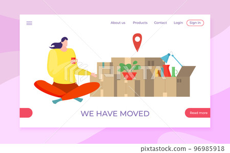 Relocation to new apartment, house, landing page, vector illustration, flat woman character in box package with property concept, web banner. 96985918
