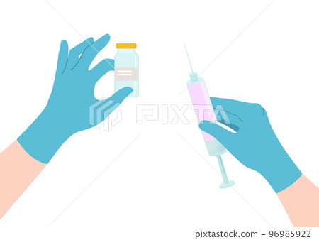 Syringe with medicine vaccine, vector illustration, medical worker hands in gloves hold bottle for making injection, health treatment by vaccination. Syringe with medicine vaccine, vector illustration, medical worker hands in gloves hold bottle for making injection, health treatment by vaccination. 96985922