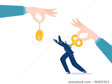 Hand control business man, vector illustration, manager manipulation at tiny worker with wind-up mechanism, puppet doll wanna get golden coin Hand control business man, vector illustration, manager manipulation at tiny worker with wind-up mechanism, puppet doll wanna get golden coin 96985923
