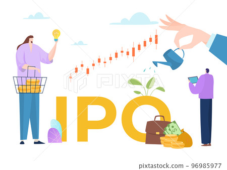 Business ipo stock company concept, vector illustration, trade finance strategy growth at huge chart, flat woman character hold idea and golden coin. 96985977