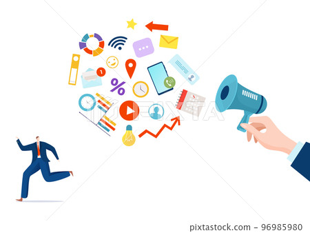 Information stress concept, vector illustration, flat tiny man character run from internet data, overloading social media news from huge loudspeaker 96985980