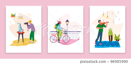 Hobby card set, vector illustration, flat happy people woman man character have rest, girl make photo with cute dog pet at home pillow. Hobby card set, vector illustration, flat happy people woman man character have rest, girl make photo with cute dog pet at home pillow. 96985990