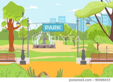City park at summer landscape, nature vector illustration, green grass and tree, enterance PARK text, outdoor urban garden fountain, fence, bench City park at summer landscape, nature vector illustration, green grass and tree, enterance PARK text, outdoor urban garden fountain, fence, bench 96986033
