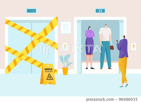 Elevator open and close door, vector illustration, lift under construction in hotel lobby interior, people man woman character ascend at high floor 96986035