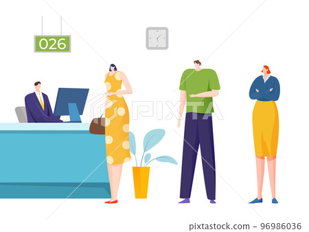 Electronic queue at bank reception, vector illustration, machine service for flat people customer character hold ticket, registration 96986036