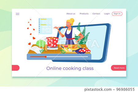 Cooking blog with food, web page, vector illustration, flat woman chef character show culinary at video online, kitchen blogger at screen Cooking blog with food, web page, vector illustration, flat woman chef character show culinary at video online, kitchen blogger at screen 96986055