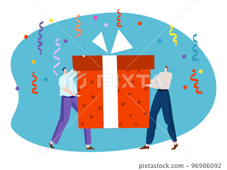 Happy birthday celebration with gift, vector illustration. Tiny flat man people character hold huge present box with ribbon, holiday anniversary 96986092