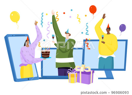 Online birthday party at screen, vector illustration. Virtual internet communication while quarantine, flat man woman character at celebration. 96986093