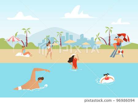 Beach lifeguard watching people, vector illustration. Man woman character swim at summer sea water, travel vacation near ocean coast. Beach lifeguard watching people, vector illustration. Man woman character swim at summer sea water, travel vacation near ocean coast. 96986094