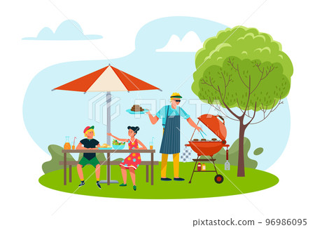 Family at bbq picnic in summer park, vector illustration. Father children character eat food together at weekend, happy outdoor barbecue at nature. 96986095