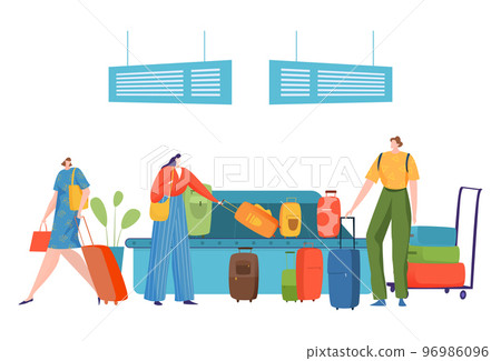 Baggage conveyor in airport, vector illustration. Flat man woman character take luggage after travel, suitcase at terminal check belt. 96986096