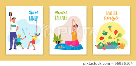 Healthy lifestyle with sport, vector illustration. Flat people father children character doing fitness, mother meditate for mental balance. Healthy lifestyle with sport, vector illustration. Flat people father children character doing fitness, mother meditate for mental balance. 96986104