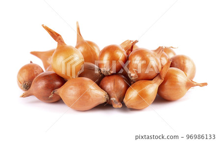 Brown mini onions isolated on a white background. Raw onion bulbs, for cultivation. French onion. 96986133