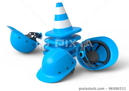 Stack of safety helmets or hard hats and traffic cones on white background 96986531