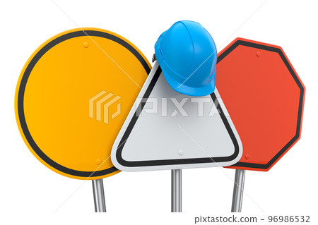 Set of safety helmet or hard hat on road traffic signs on pole on white. 96986532