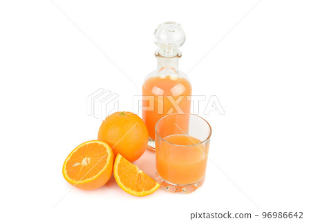 Orange juice in glass and bottle isolated on white background. Orange juice in glass and bottle isolated on white background. 96986642