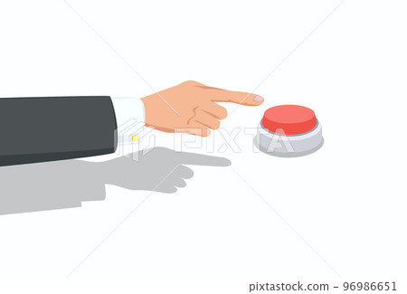 Hand with black sleeve and white shirt push the Red Button with a finger. 96986651