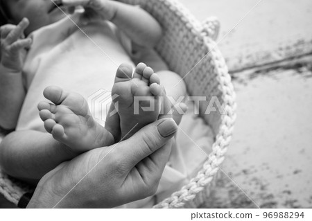 Baby feet in the hands of mother, father, older brother or sister, family. Feet of a tiny newborn close up. Little children's feet surrounded by the palms of the family. Black and white. 96988294