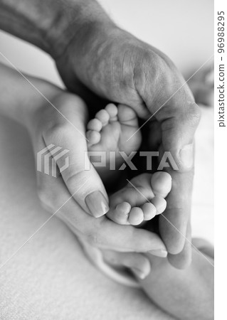Baby feet in the hands of mother, father, older brother or sister, family. Feet of a tiny newborn close up. Little children's feet surrounded by the palms of the family. Black and white. 96988295