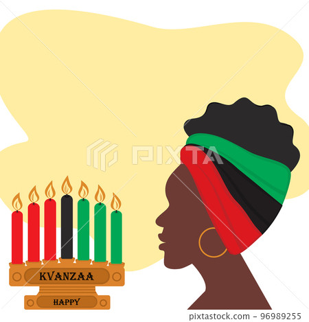 Profile of African American woman and candelabra with candles in color African flag. Happy Kwanzaa Profile of African American woman and candelabra with candles in color African flag. Happy Kwanzaa 96989255