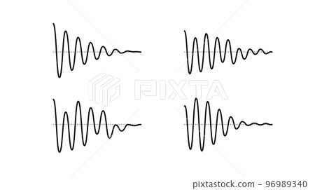 Sinusoid fading signal set. Black curve sound wave collection. Voice or music audio concept. Pulsating lines. Fading out electronic radio graphics.  96989340