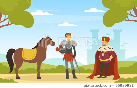 Medieval Life Scene with Man Knight from Middle Ages in Iron Armour Suit and King in Mantle and Crown Vector Illustration Medieval Life Scene with Man Knight from Middle Ages in Iron Armour Suit and King in Mantle and Crown Vector Illustration 96989951