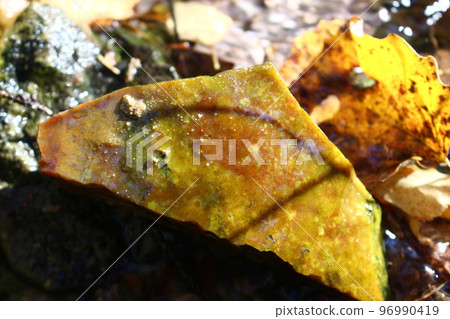 Bright yellow-orange flint saturated with iron oxides moistened with water 96990419