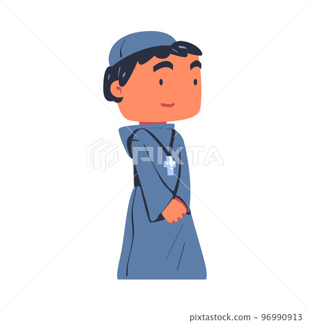 Man Priest or Monk from Middle Ages Wearing Hooded Gown with Cross Vector Illustration 96990913