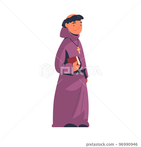 Man Priest or Monk from Middle Ages Wearing Hooded Gown with Cross Holding Bible Vector Illustration 96990946