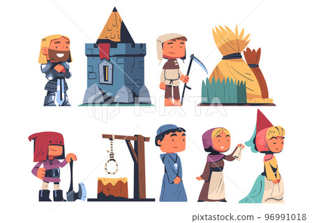 People from Middle Ages with Knight, Headsman, Peasant and Priest Vector Set 96991018