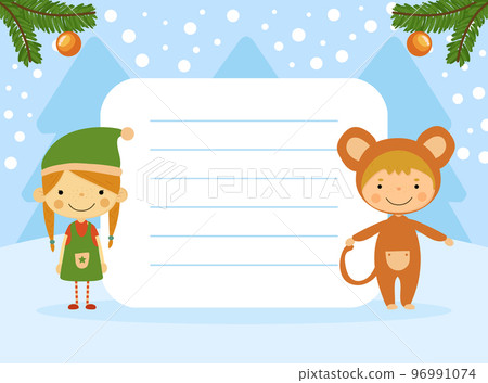 Cute Christmas note and memo card with cute girl elf and monkey. Lined sheet paper for notebook, notepad, diary cartoon vector 96991074